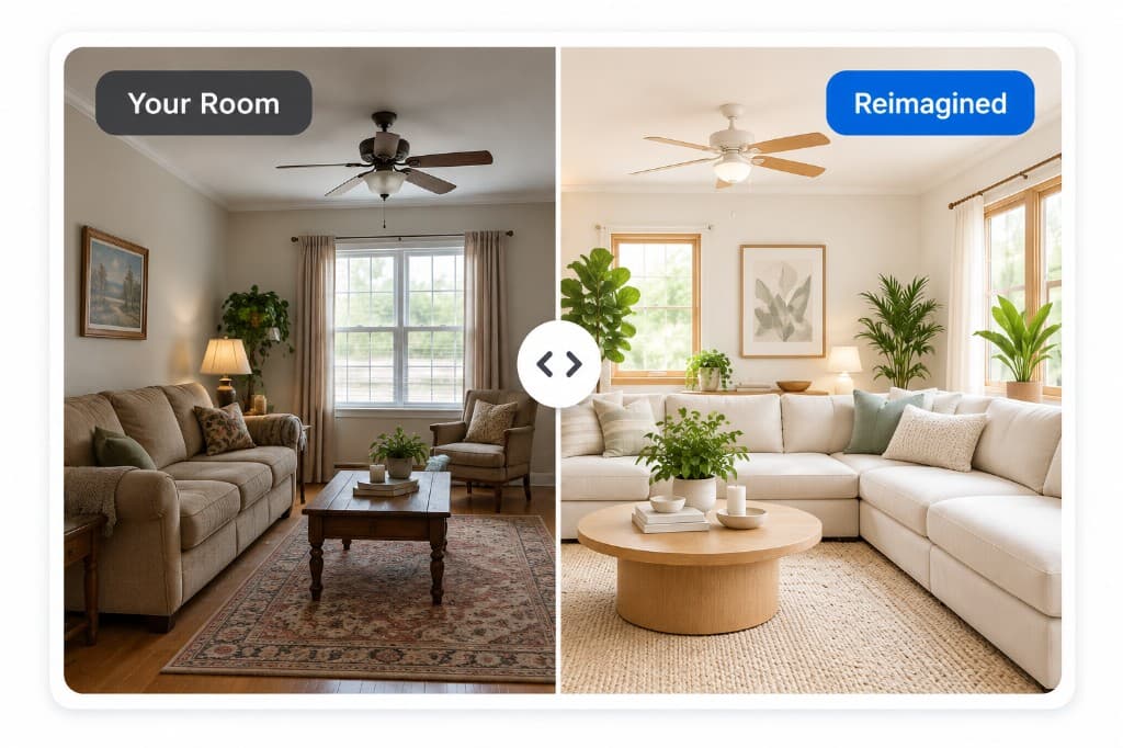 Living room before and after a HomeBase home design concept