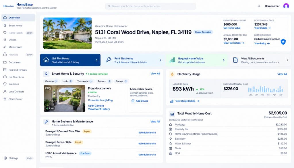 HomeBase homeowner dashboard showing property details, Home Design, maintenance, storm readiness, and home records