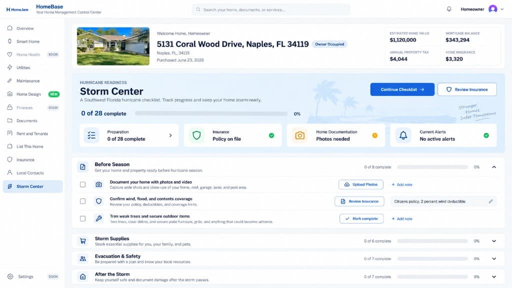 HomeBase Storm Center hurricane readiness dashboard with checklist progress and preparation categories