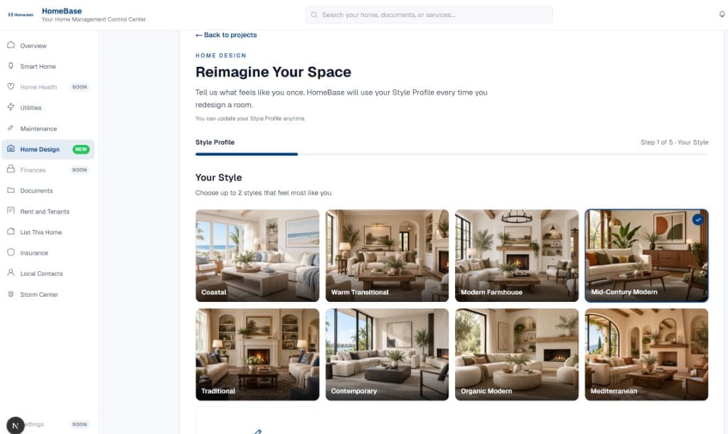 The HomeBase Style Profile showing eight interior styles to choose from