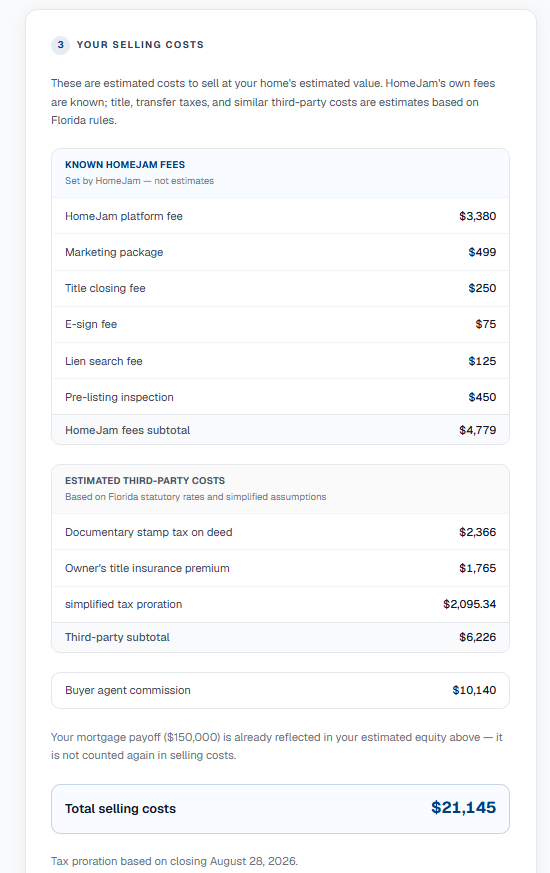 HomeJam selling costs estimate inputs