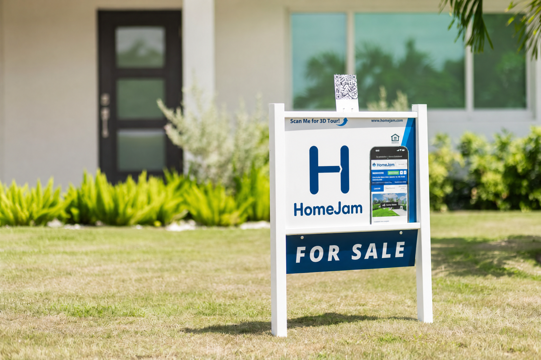 HomeJam for-sale sign in front of a home